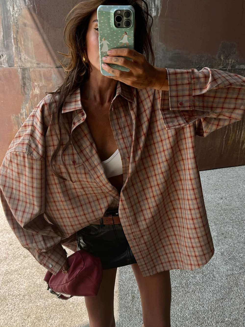 ZARA Vintage Plaid Long Sleeve Loose Fit Womens Blouse Autumn Winter Casual